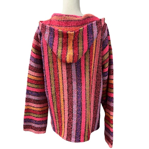 Artesanias Cuamatzi Mexican Poncho Hoodie  Multicolored Striped Kangaroo Pockets - Picture 5 of 8